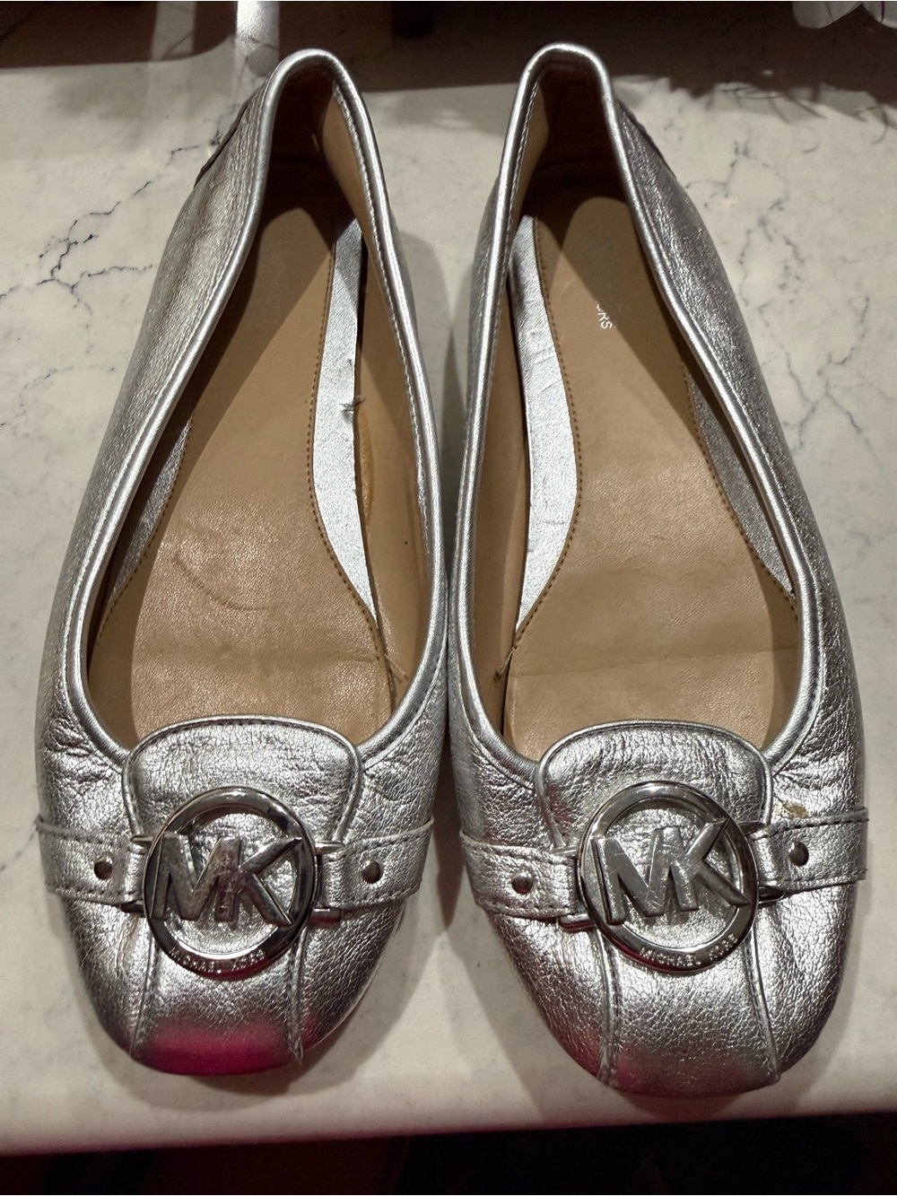 Michael Kors Metallic Silver MK Logo Leather Ballet Flats